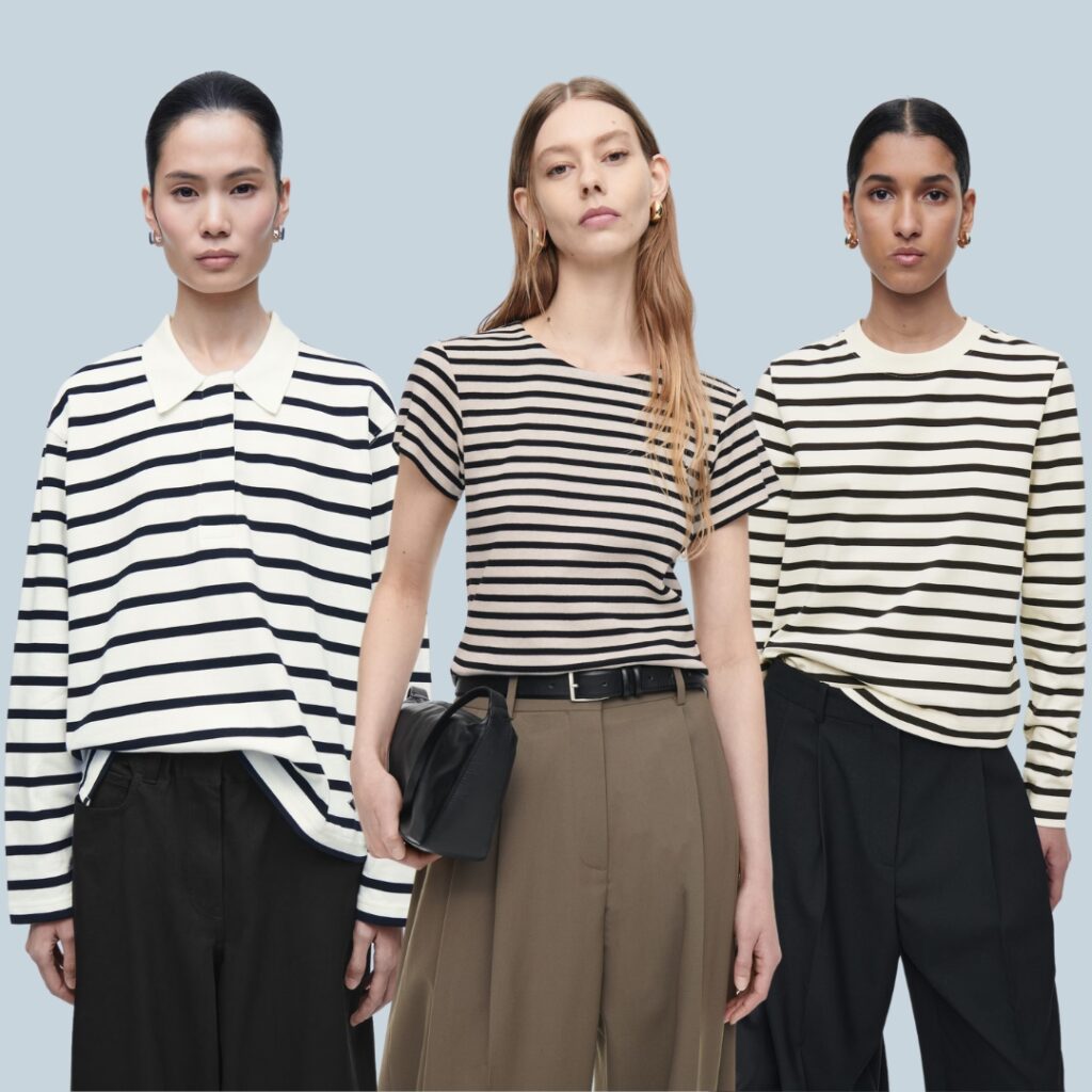 three model from COS wearing different styles of the Breton t-shirt