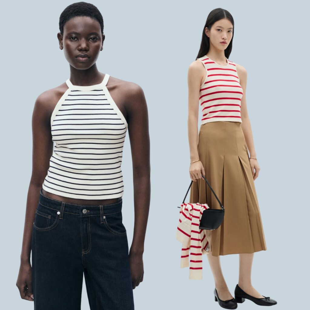 two models from Mango wearing a striped t-shirt with jeans and pleated skirt