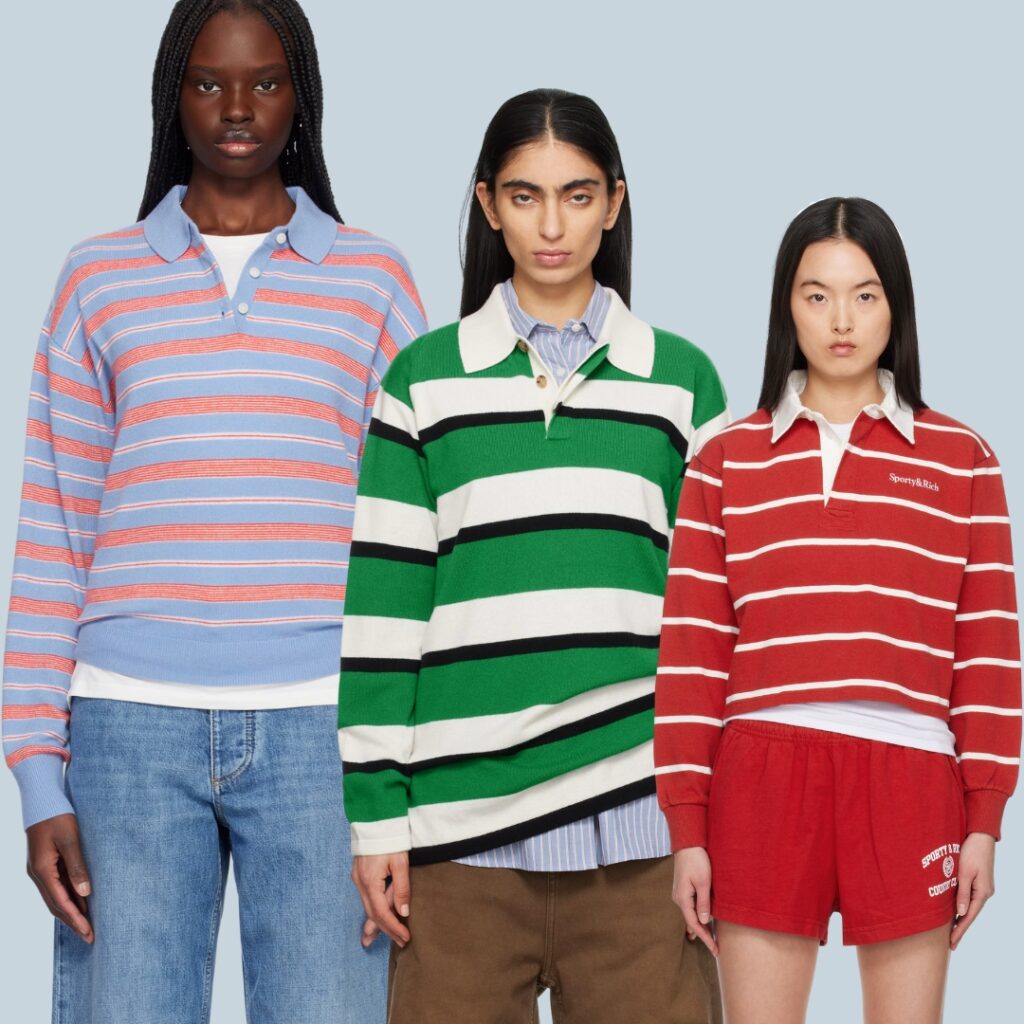 three models wearing striped t-shirts from the guest in residence and sport and rich brands