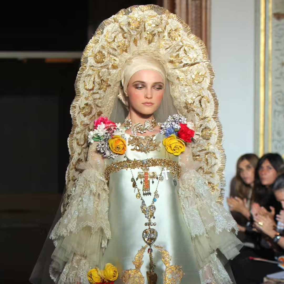 model on the runway for Christian Lacroix couture- inspired by catholic heritage