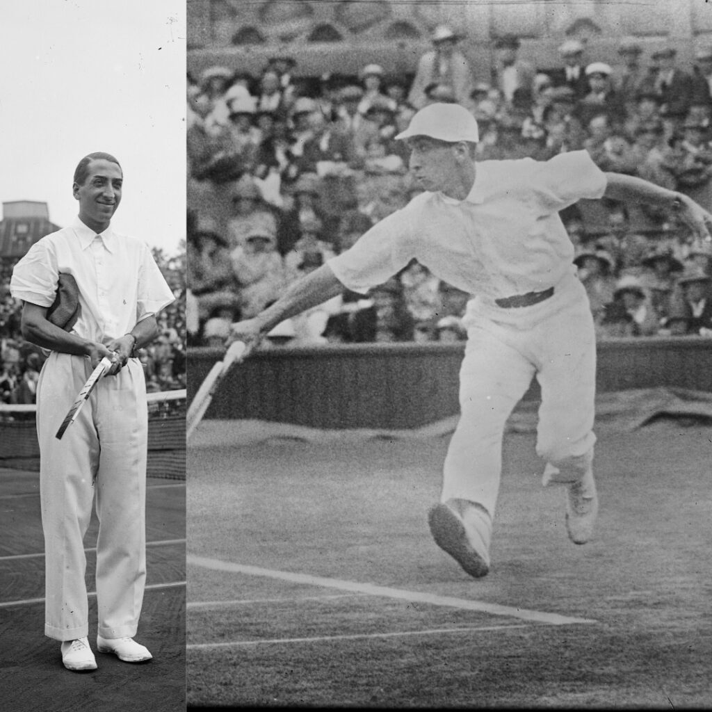 Two photos of Rene Lacoste in 1928 at the finals in Roland Garros, where he is wearing a short sleeve shirt