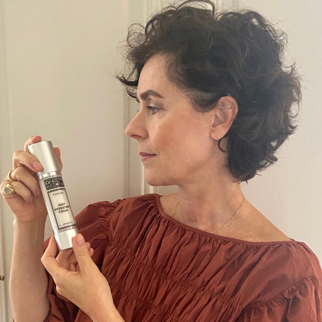 Selma Schoenburg founder of Vienna Skincare Cosmetics showing their famous hydrating cream
