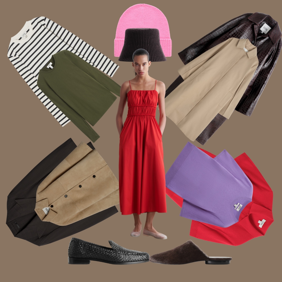 Collage with a summer red dress from COS and how to style it for Fall 2025