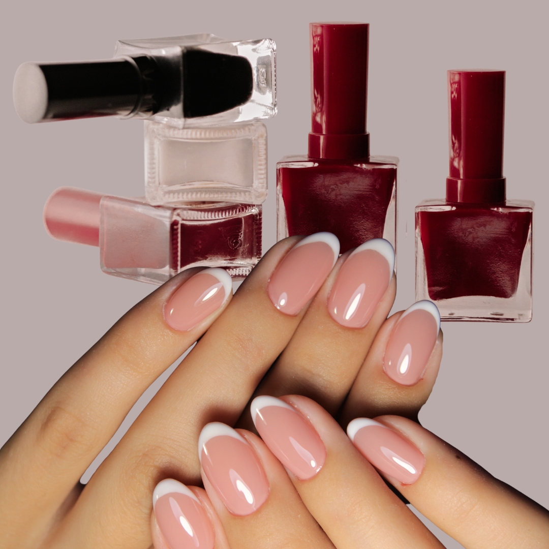 collage showing a pair of hands with perfect manicure and some nail polishes