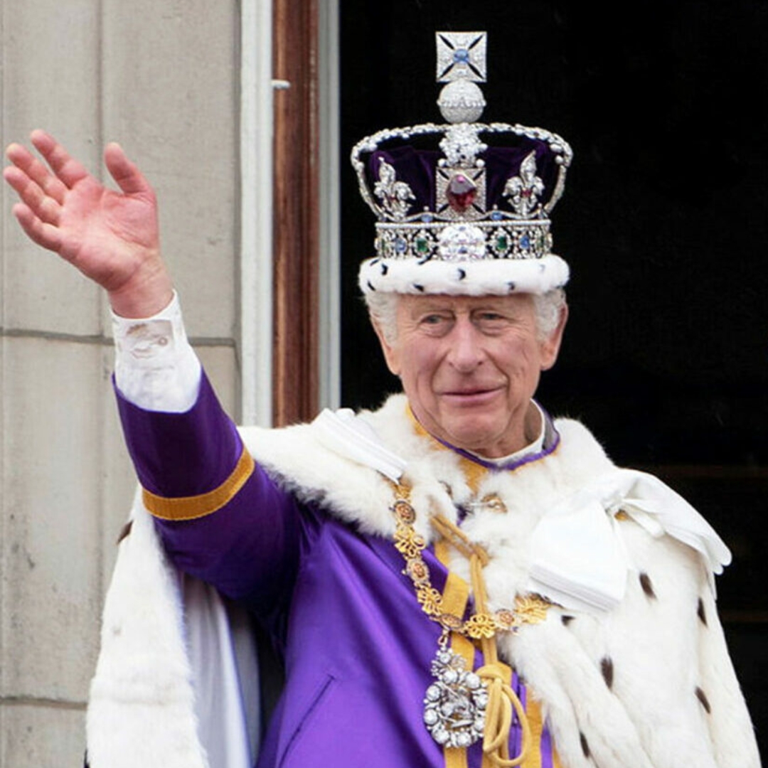 King Charles III at his coronation, wearing the state Imperial Crown, where in the centre is the black prince ruby