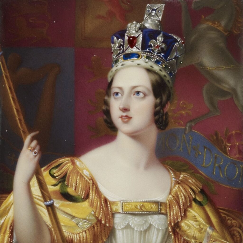 Queen Victoria at her coronation wearing the state Crown with the black prince ruby
