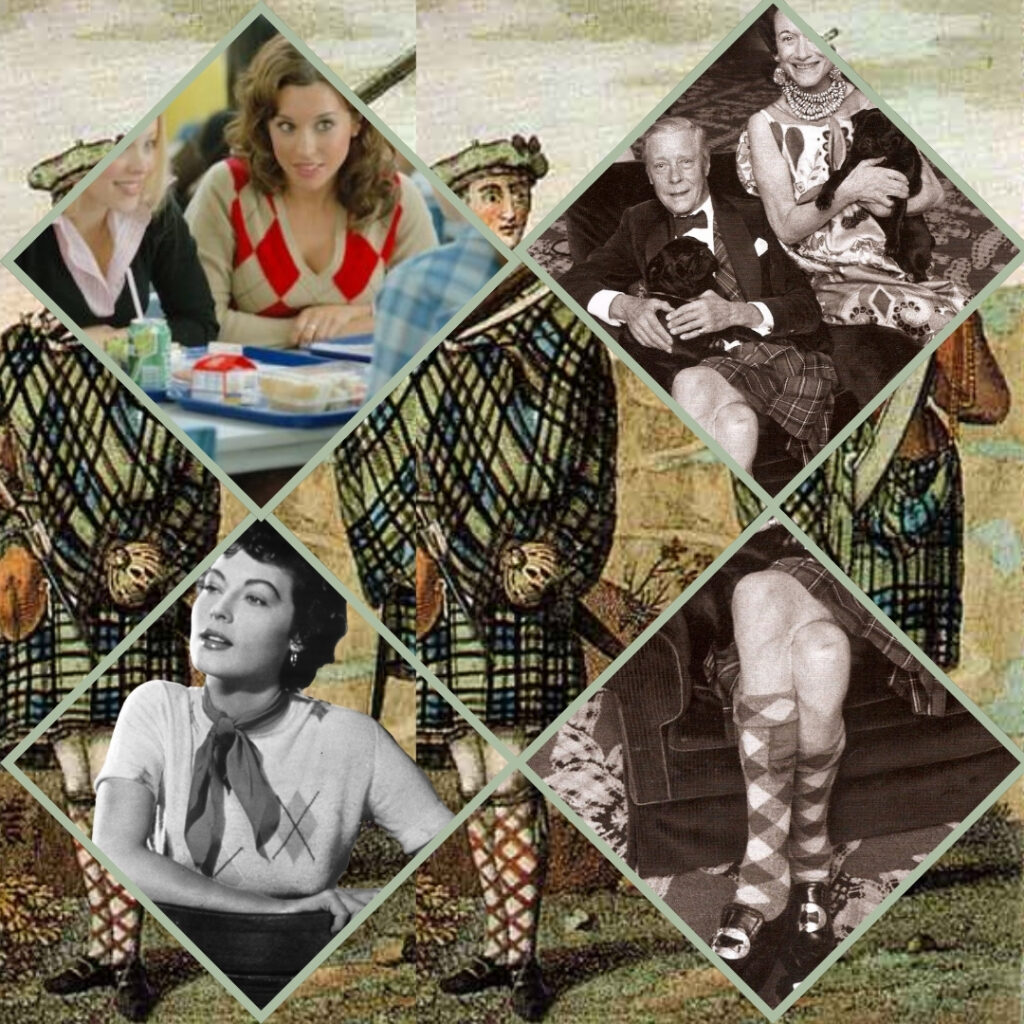 collage with ava gardner, the duke of windsor and actress from Clueless wearing Argyle pattern