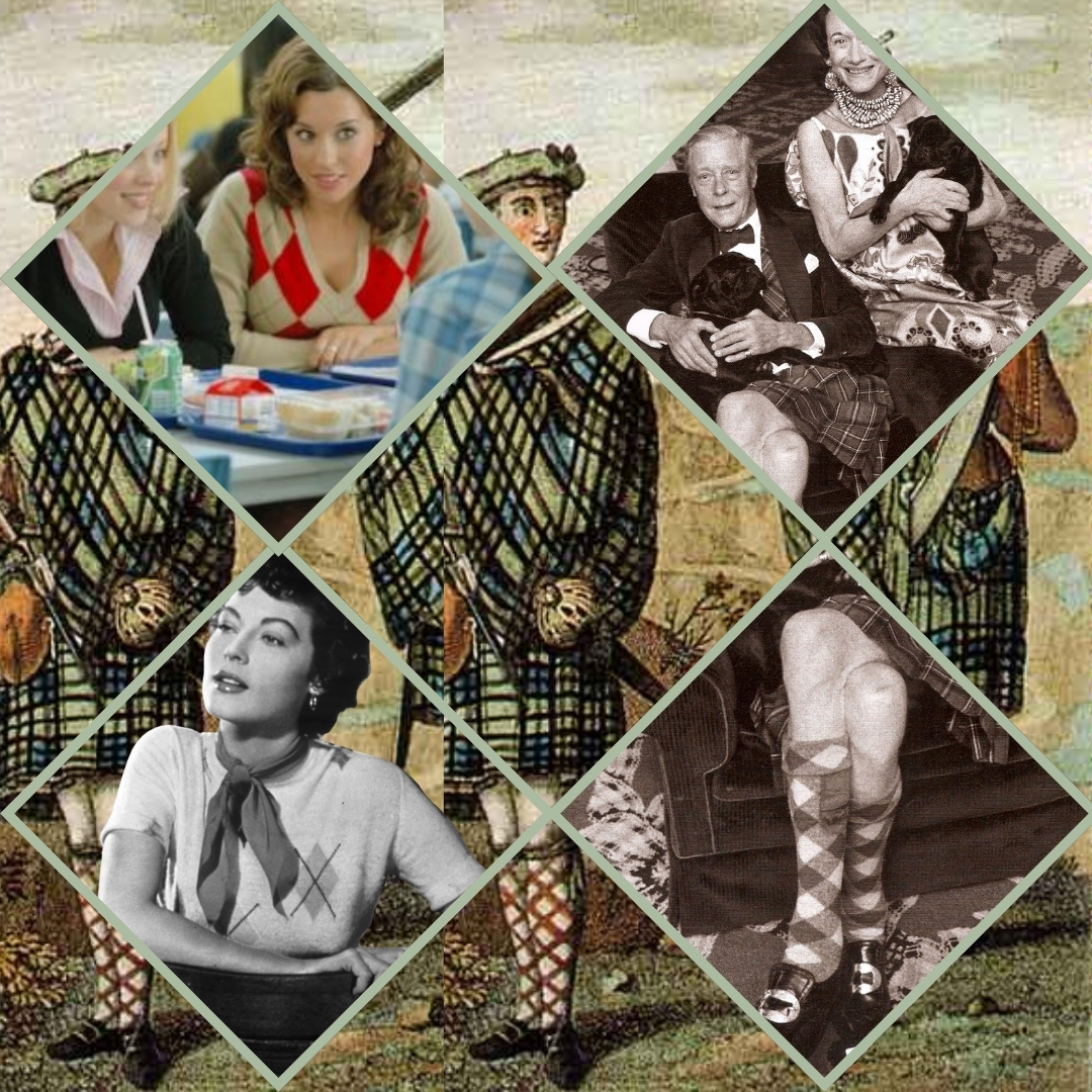 collage with ava gardner, the duke of windsor and actress from Clueless wearing Argyle pattern