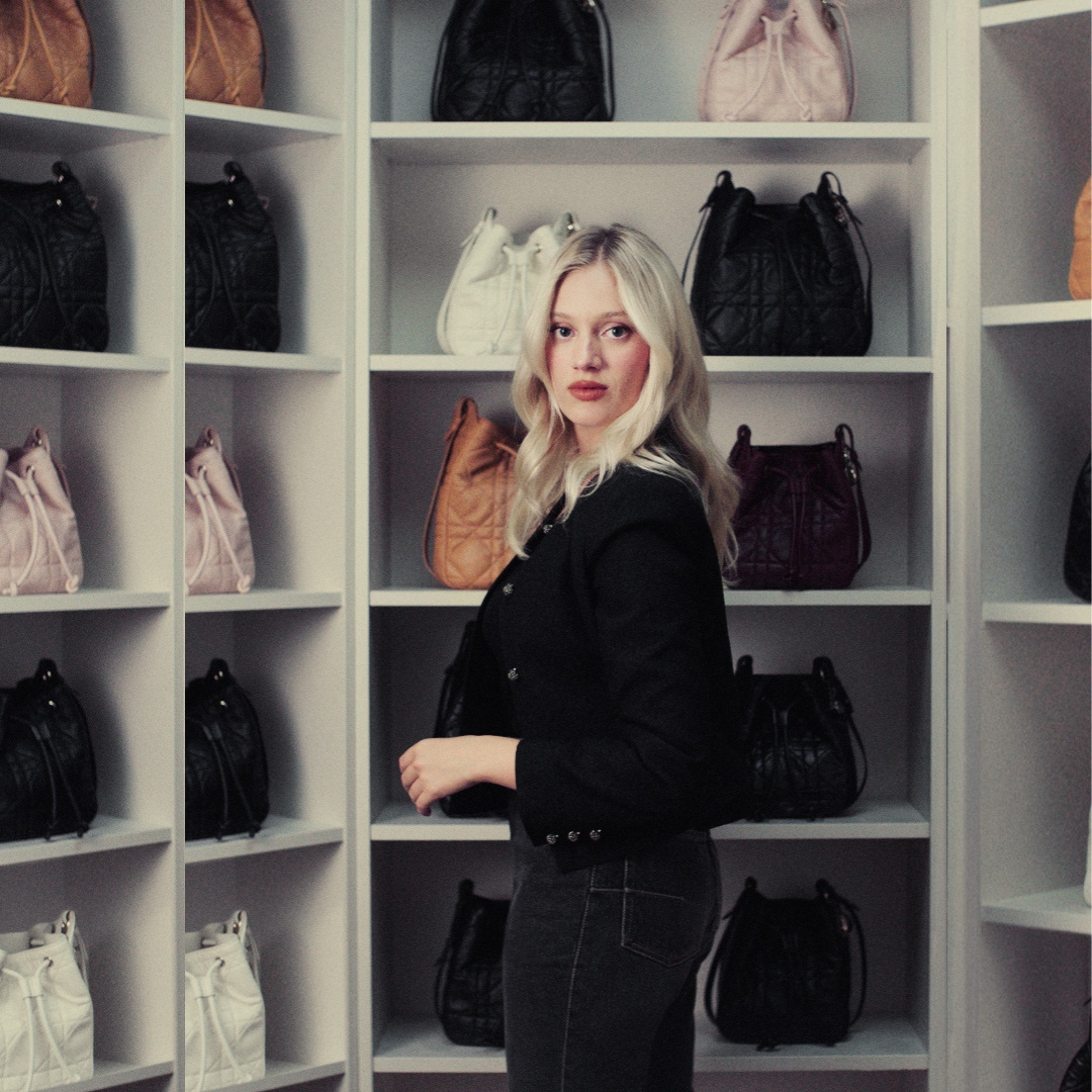 actress Nadia Tereszkiewicz photographed in a closed full of Dior bags-by Max Siedentopf