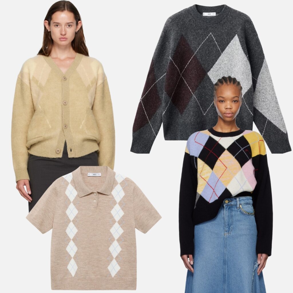 Ganni, Coor and Mango models wearing Argyle pullover