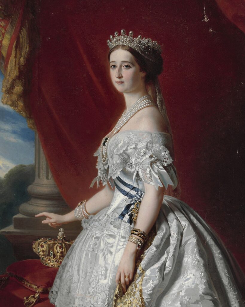Historic painting of Empress Eugénie wearing her imperial regalia, including the diamond and emerald crown.
