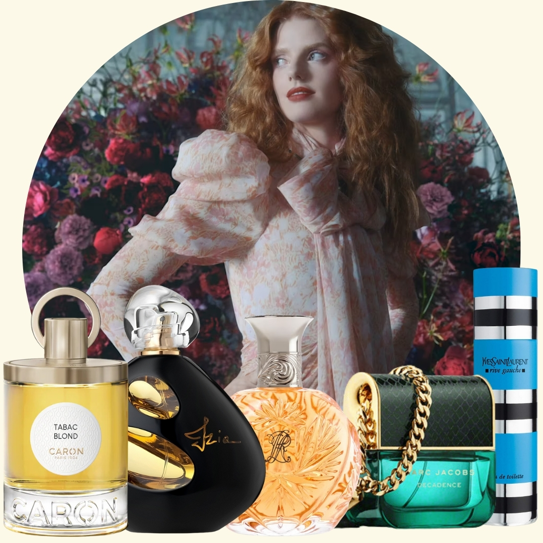 collage with vintage perfume bottles from the 70s, 80s, 90s, to today