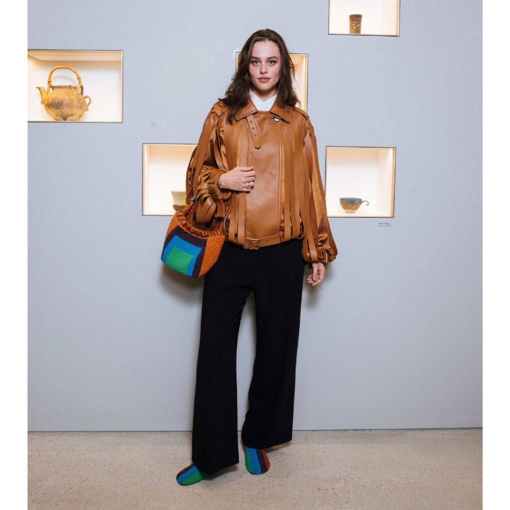 guest at the opening of Loewe Store in Vienna wearing a state of the art leather jacket