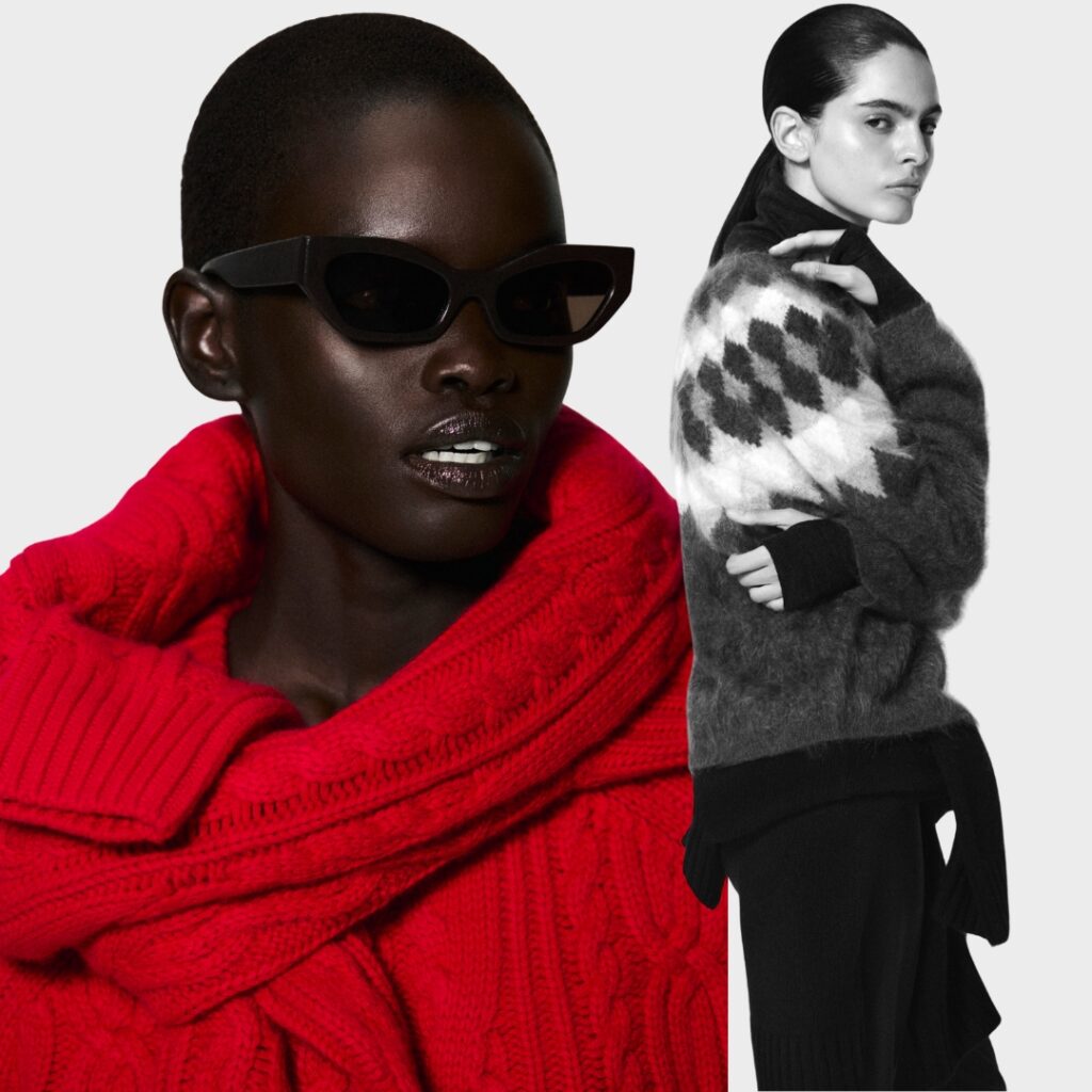 Red cable knit and Argyle knit cardigan styled for the holidays by COS