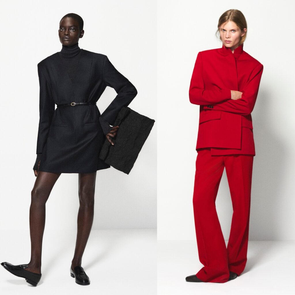 Tailored red suit and tuxedo dress from COS Festive edit with 80s-inspired shoulders