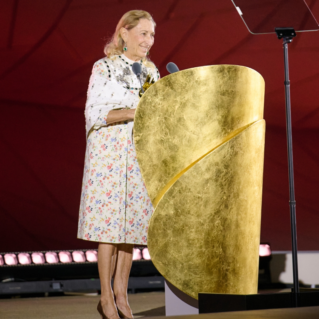 Miuccia Prada- Fashion Trust Arabia 2025 ceremony stage in Doha celebrating global fashion leaders.