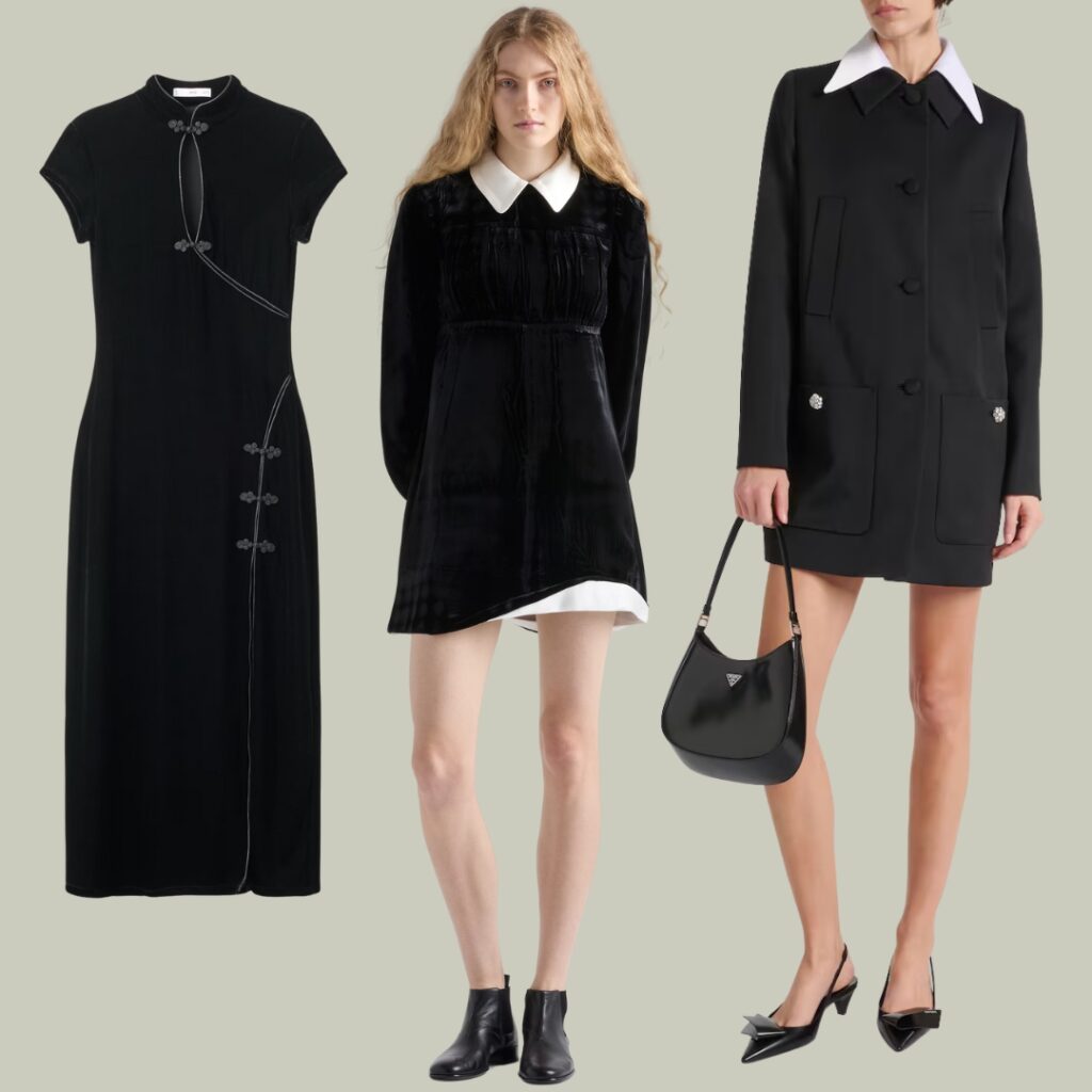 Minimalist black dress with contrasting white hem detail, perfect for holiday celebrations.