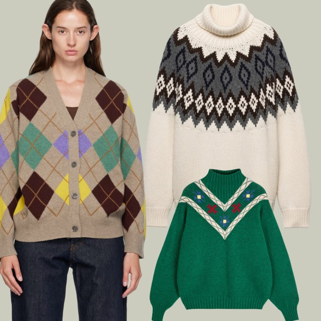 Three Argyle patterned knit pullovers in winter tones - collage