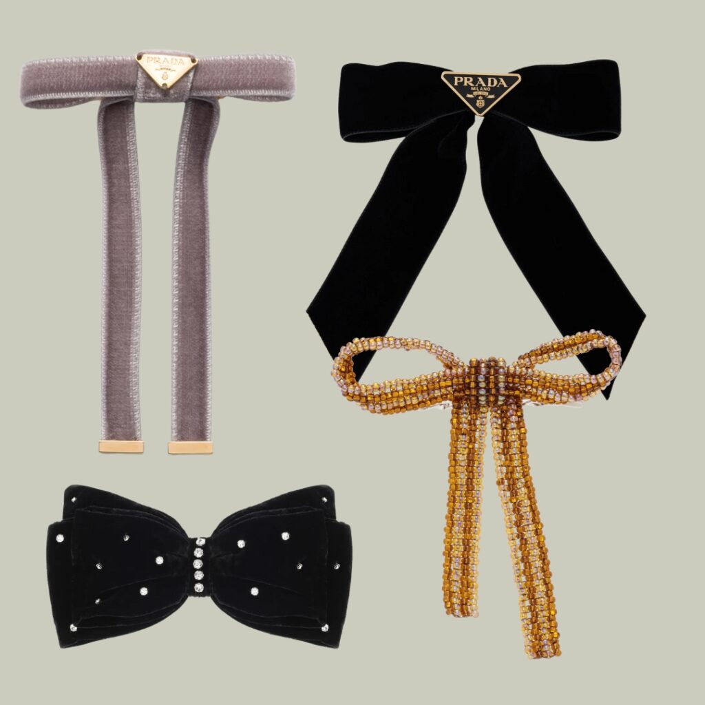 Decorative velvet and crystal bow hair clips used to style festive holiday hair.