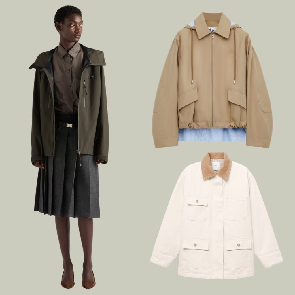 Technical winter jacket styled with a pleated skirt, inspired by Prada’s Christmas film.