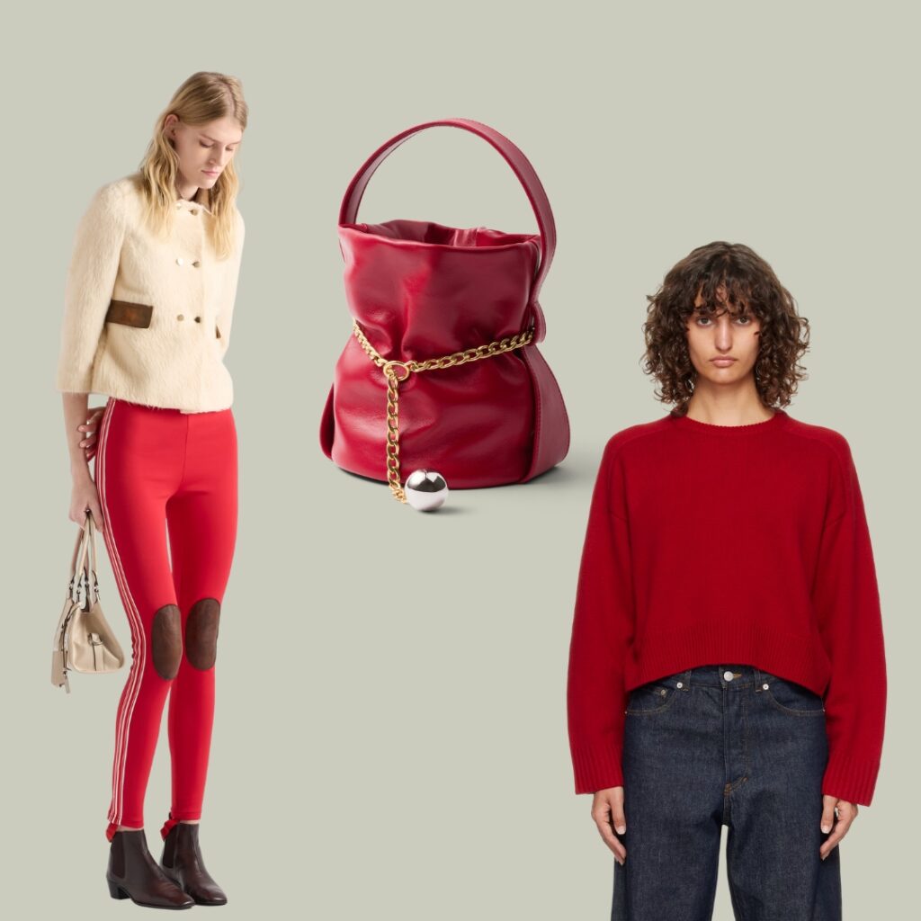 Collage - Red Prada mini bucket bag, Prada legging and LouLou de Saison pullover- festive and chic