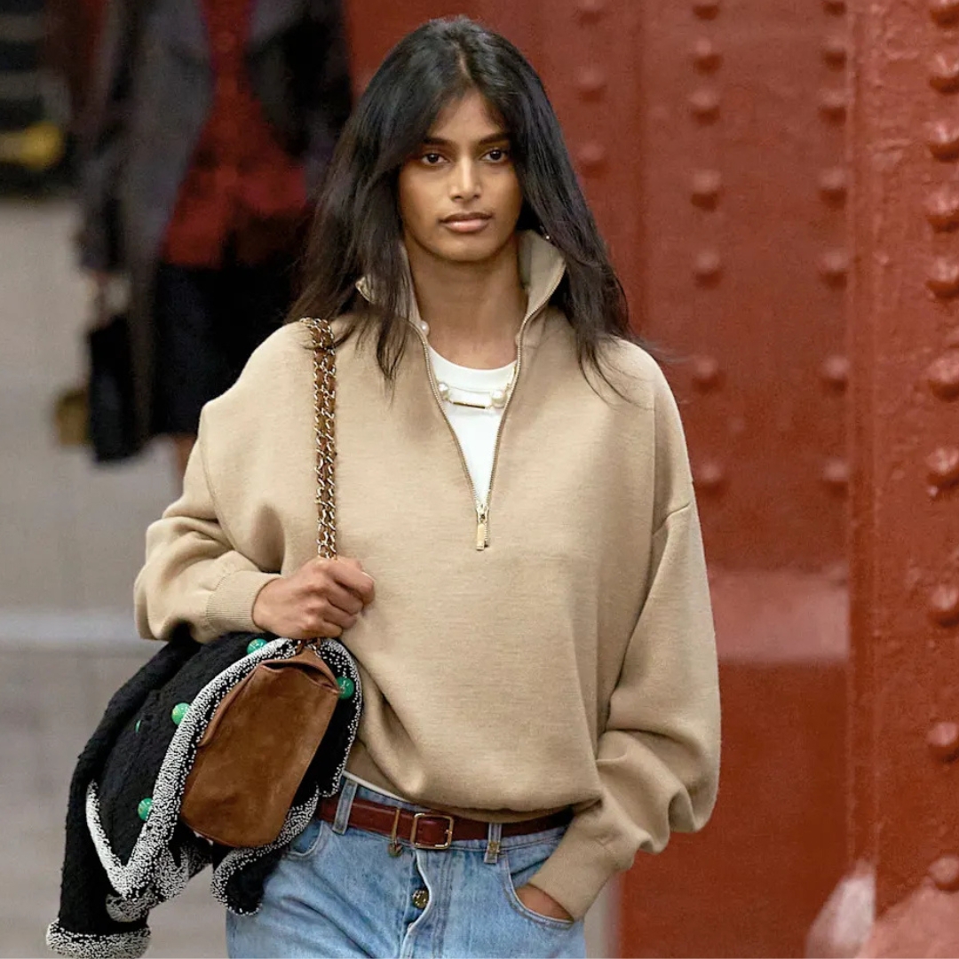 Bhavitha Mandana opening the Chanel Métiers d’Art show in a camel quarter-zip jumper.