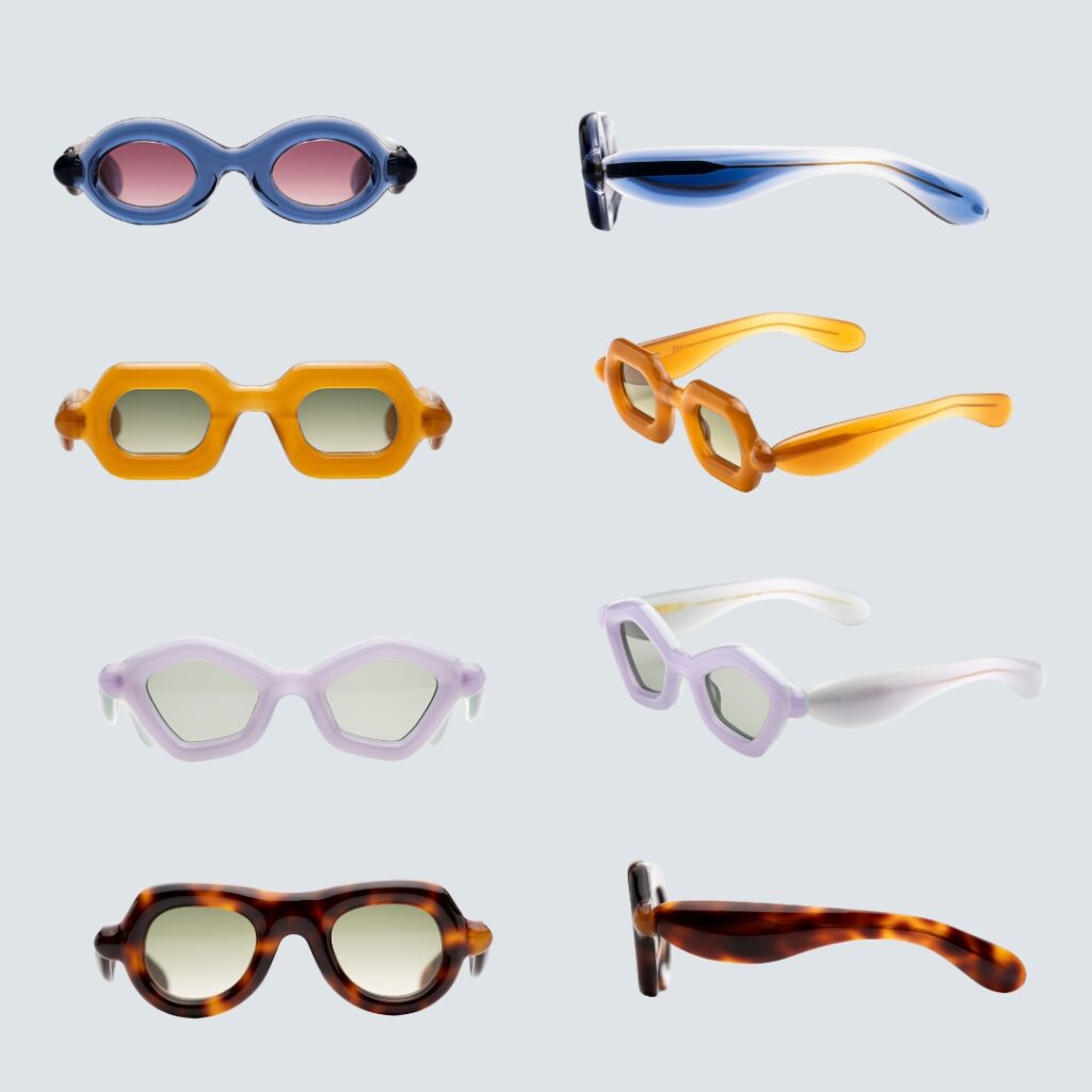 Paloceras Pebble frames in sculptural Mazzucchelli acetate with bold inflated silhouette.