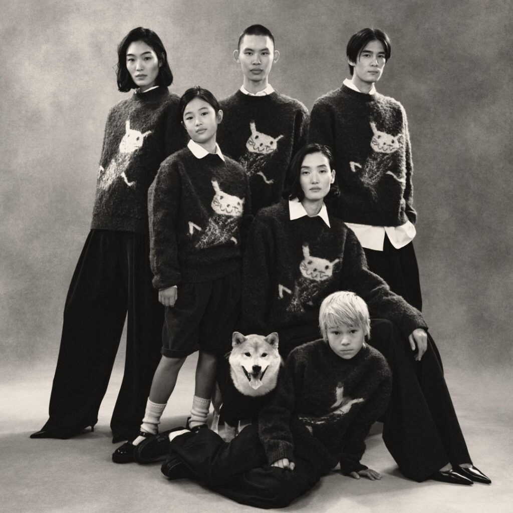 Campaign image from SOSHIOTSUKI x ZARA collection featuring a  group of people wearing Japanese inspired tailoring