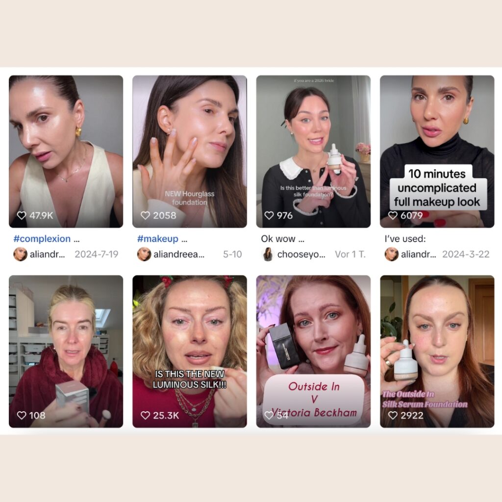 Beauty influencers testing Hourglass and Victoria Beckham serum foundations on TikTok.