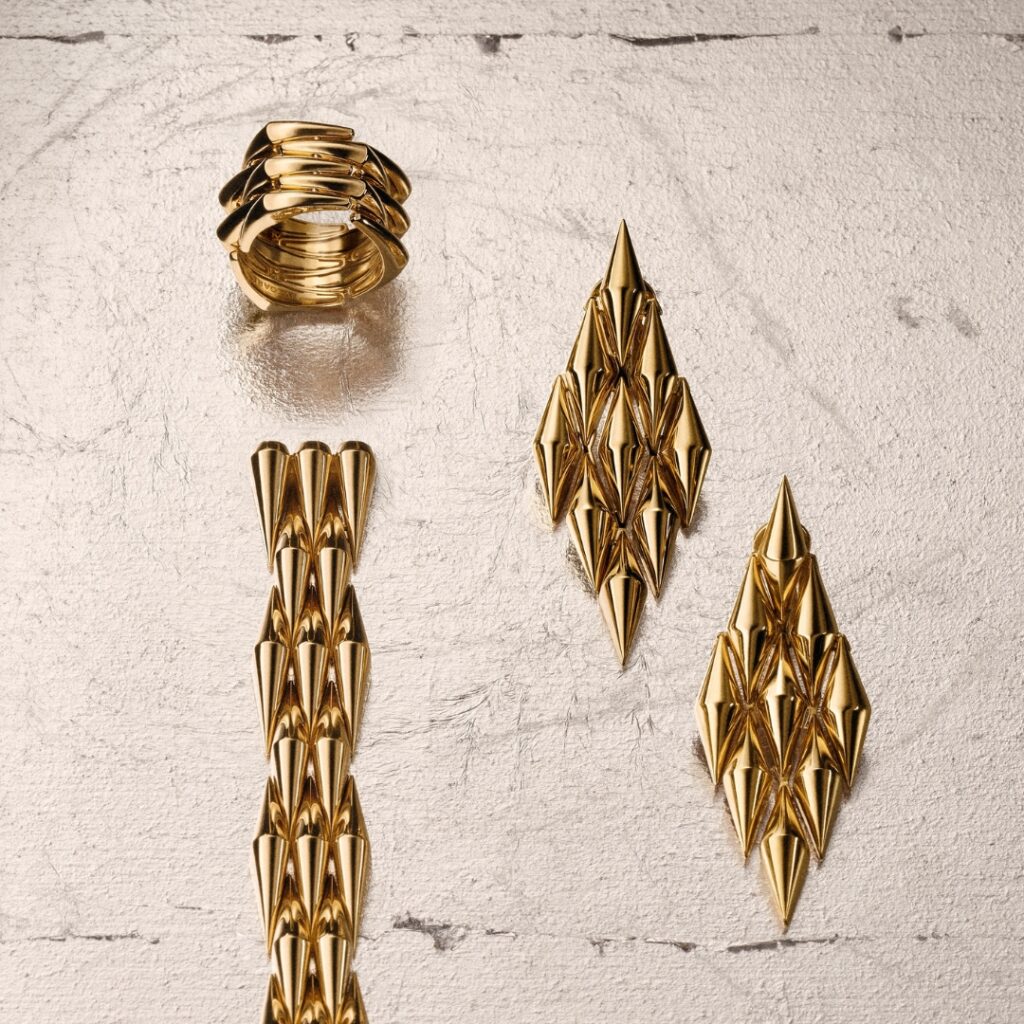 a bracelet, ring and earrings from vimini collection by bvlgari eternal