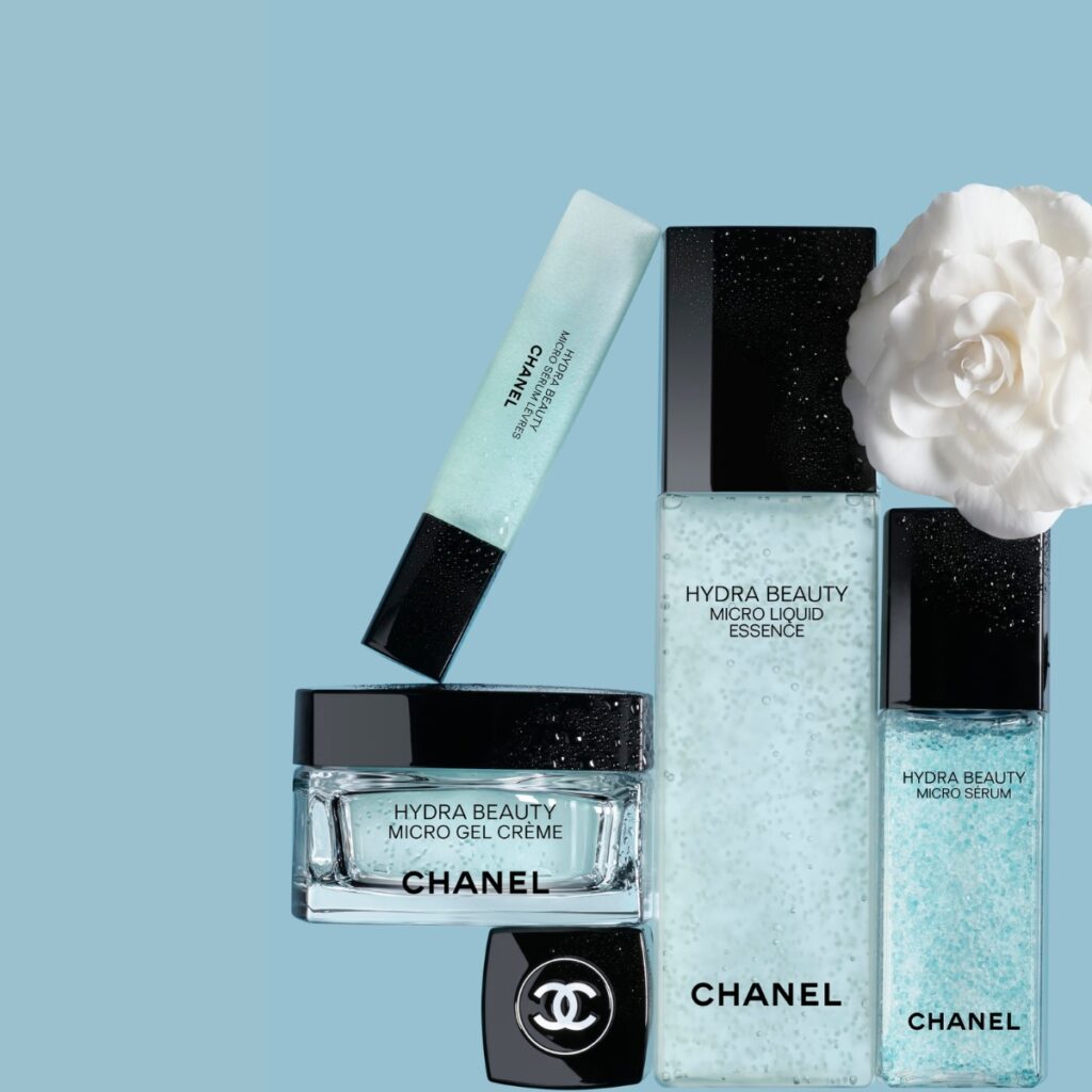 all the products from the Chanel Hydra Beauty: cream, gel and lip serum