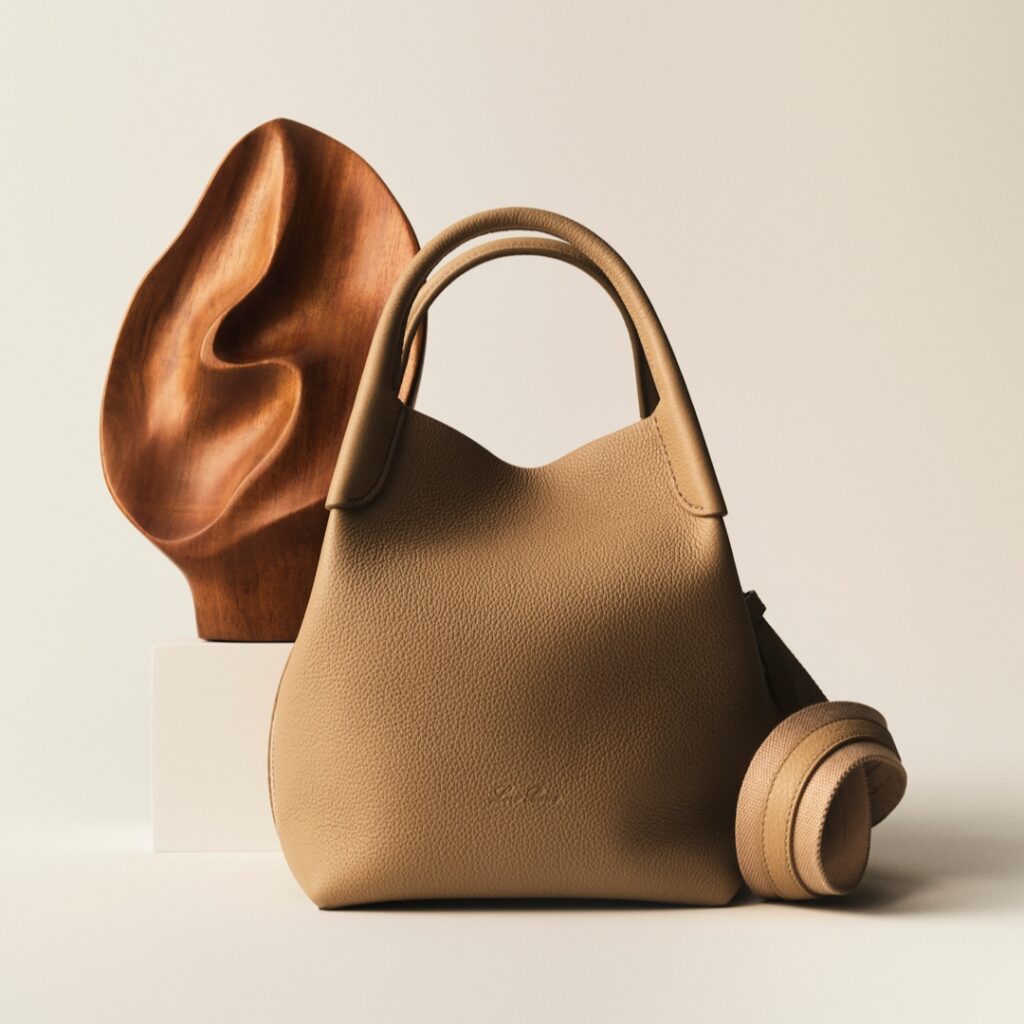 Bale bag from Loro Piana photographed by Charles Negre with wood sculpture by Alexandre Noll 