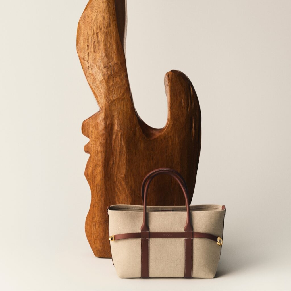 Ghiera bag from Loro Piana photographed by Charles Negre with wood sculpture by Alexandre Noll 