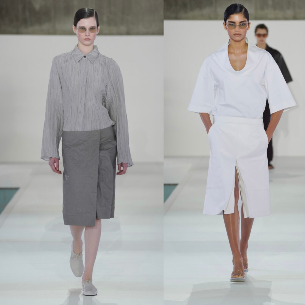 two models wearing column skirts from COS SS26 in Seoul