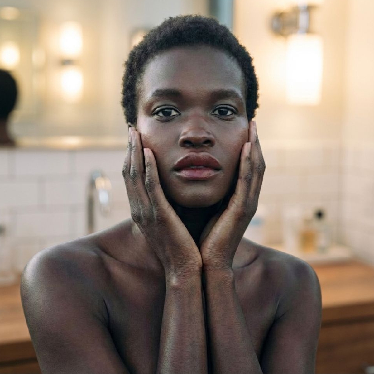 An AI-generated black model holding her hands on her face. She is in a bluried bathroom in the background