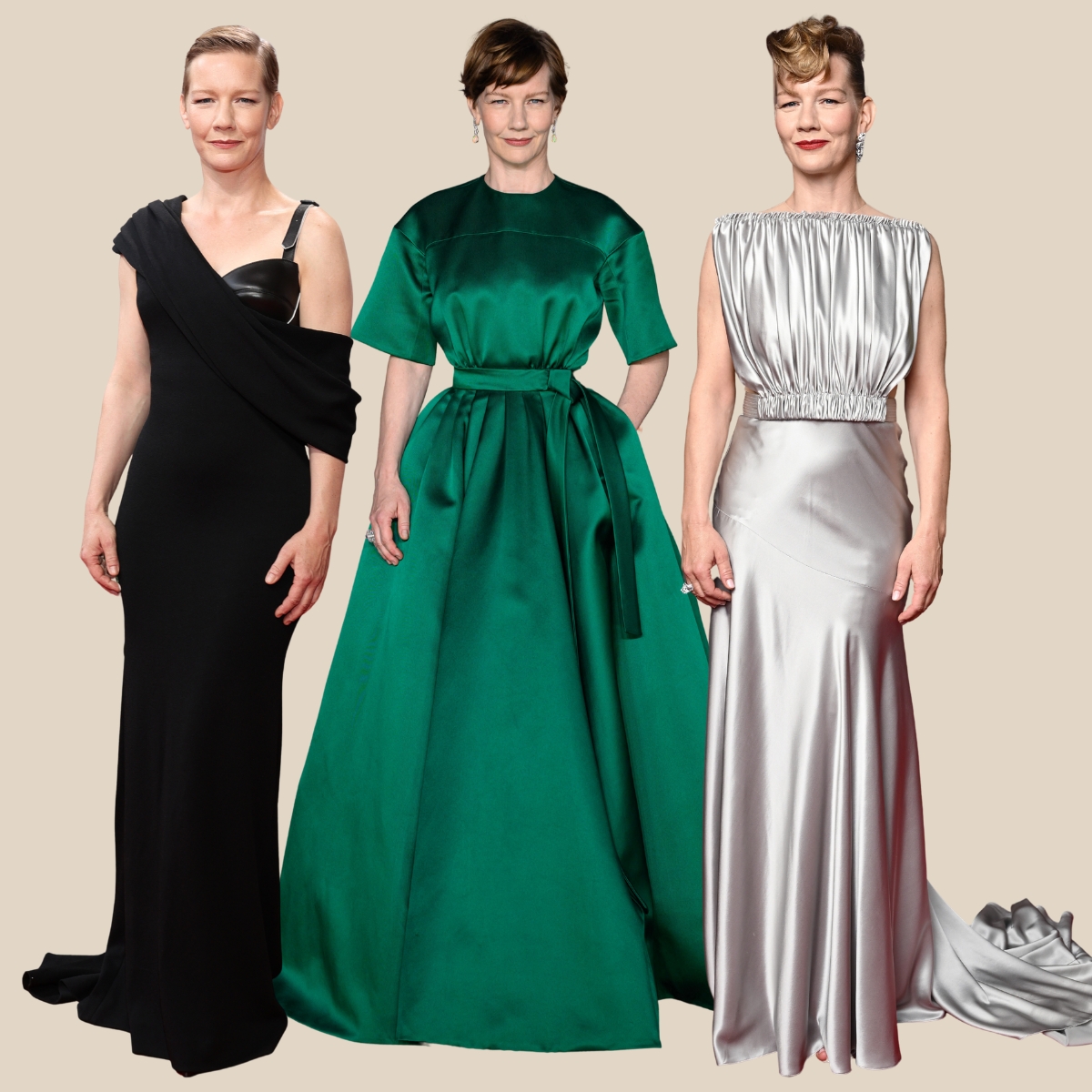 collage with three looks of Sandra Huller on the red carpet from Louis Vuitton to Prada