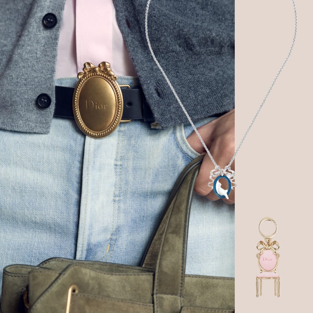 dior medallion belt, medallion necklace and keyring