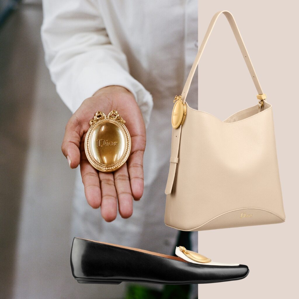 Hand of artisan showing the dior medallion emblem. Collage with a shoe and bag using the same medallion
