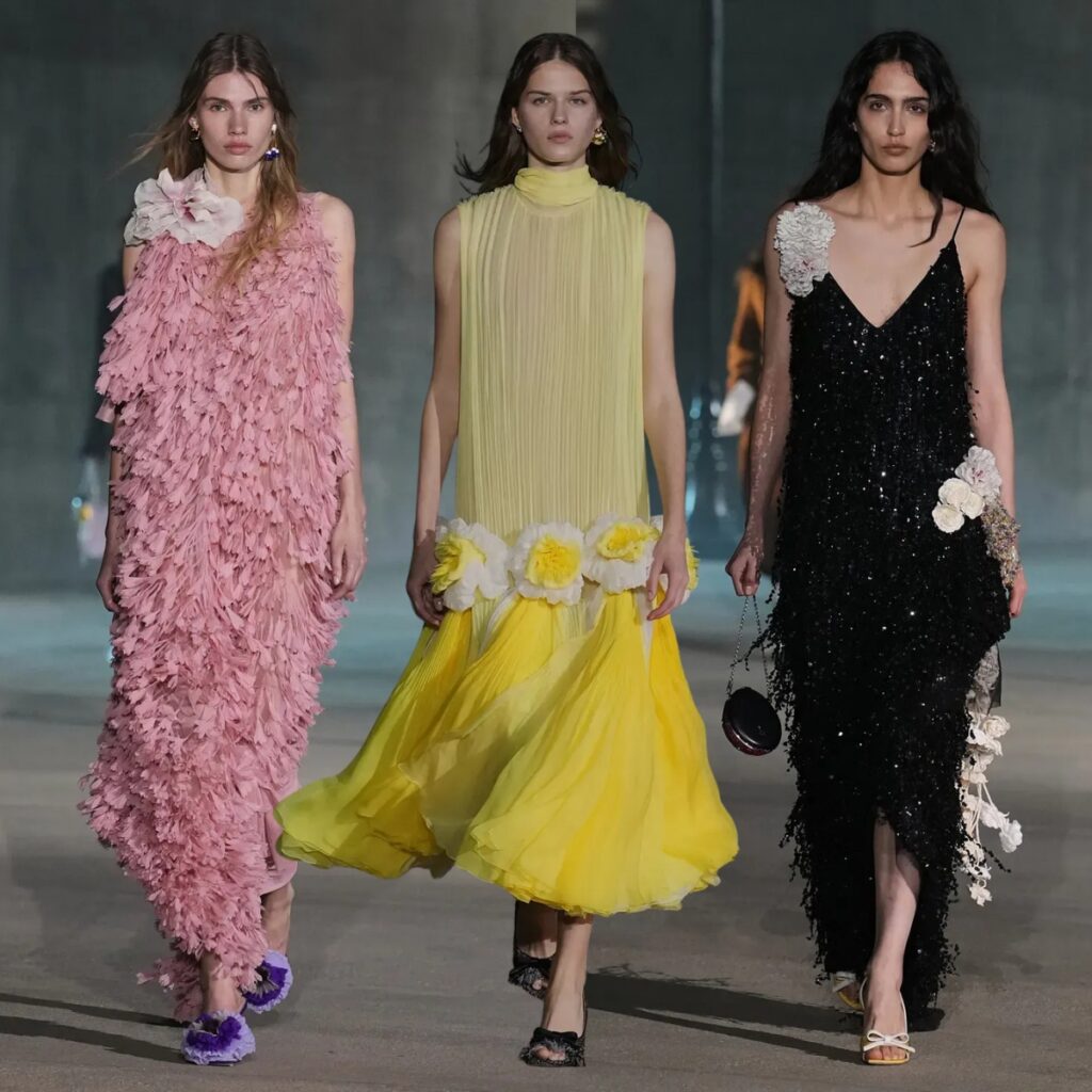 Dior Cruise 2027 - three looks with flower applications 