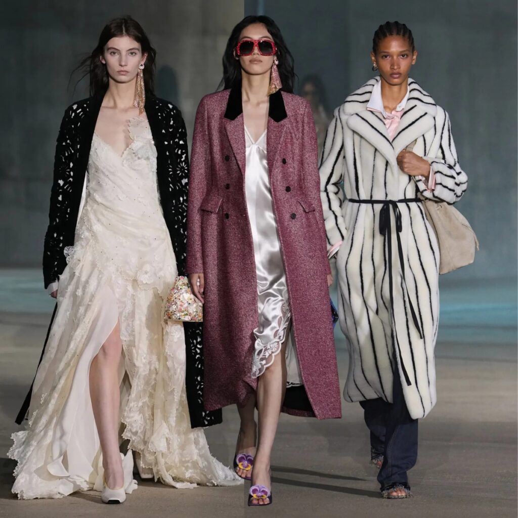 Dior Cruise 2027 - three looks with models wearing long coats