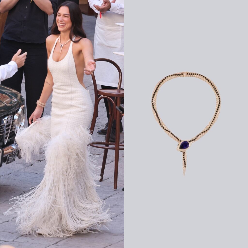 detail of Dua Lipa in white dress for her wedding and detail of her Bulgari serpenti necklace