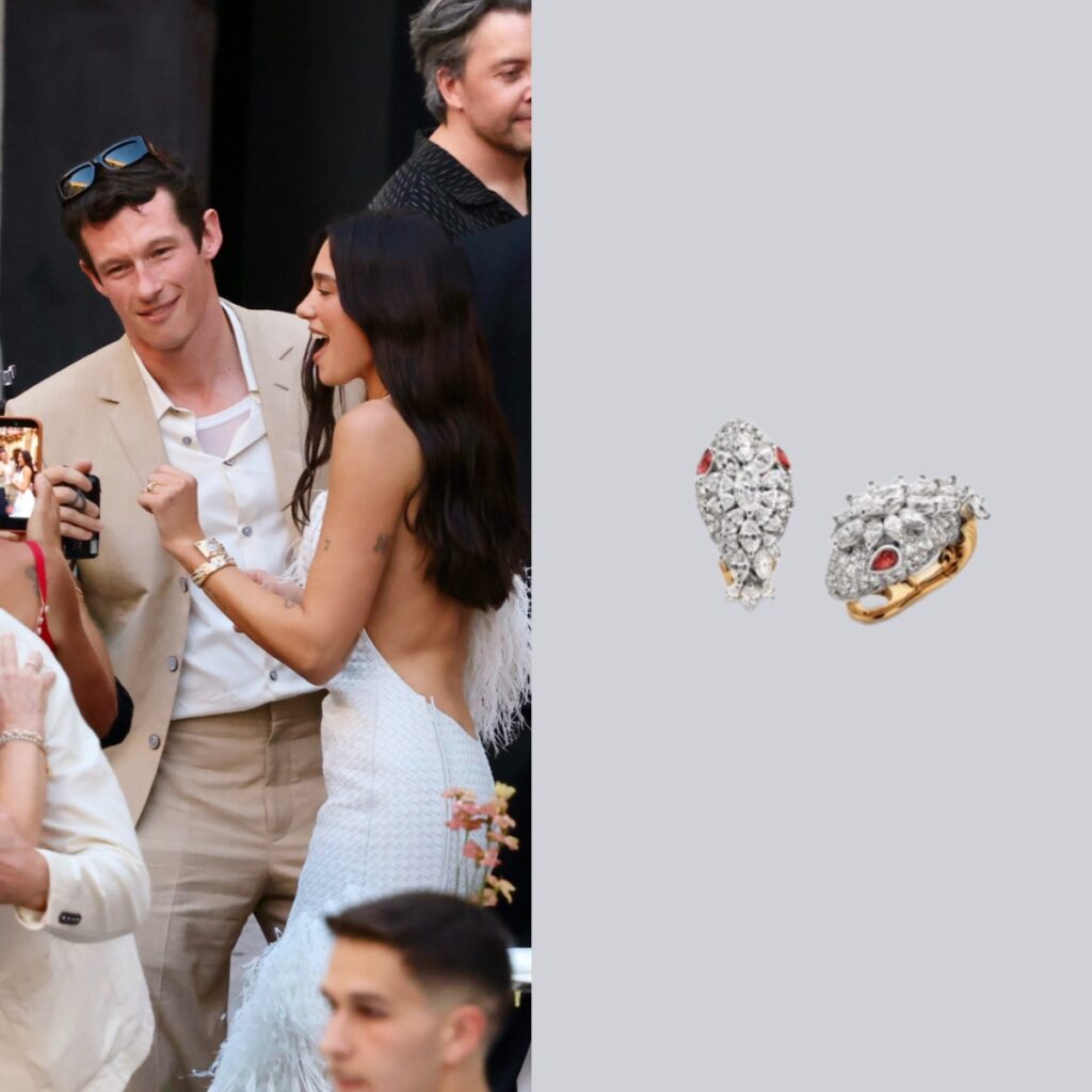 Left, Dua Lipa and Callum Turner embracing each other. Right, the detail of her Bulgari serpenti earrings