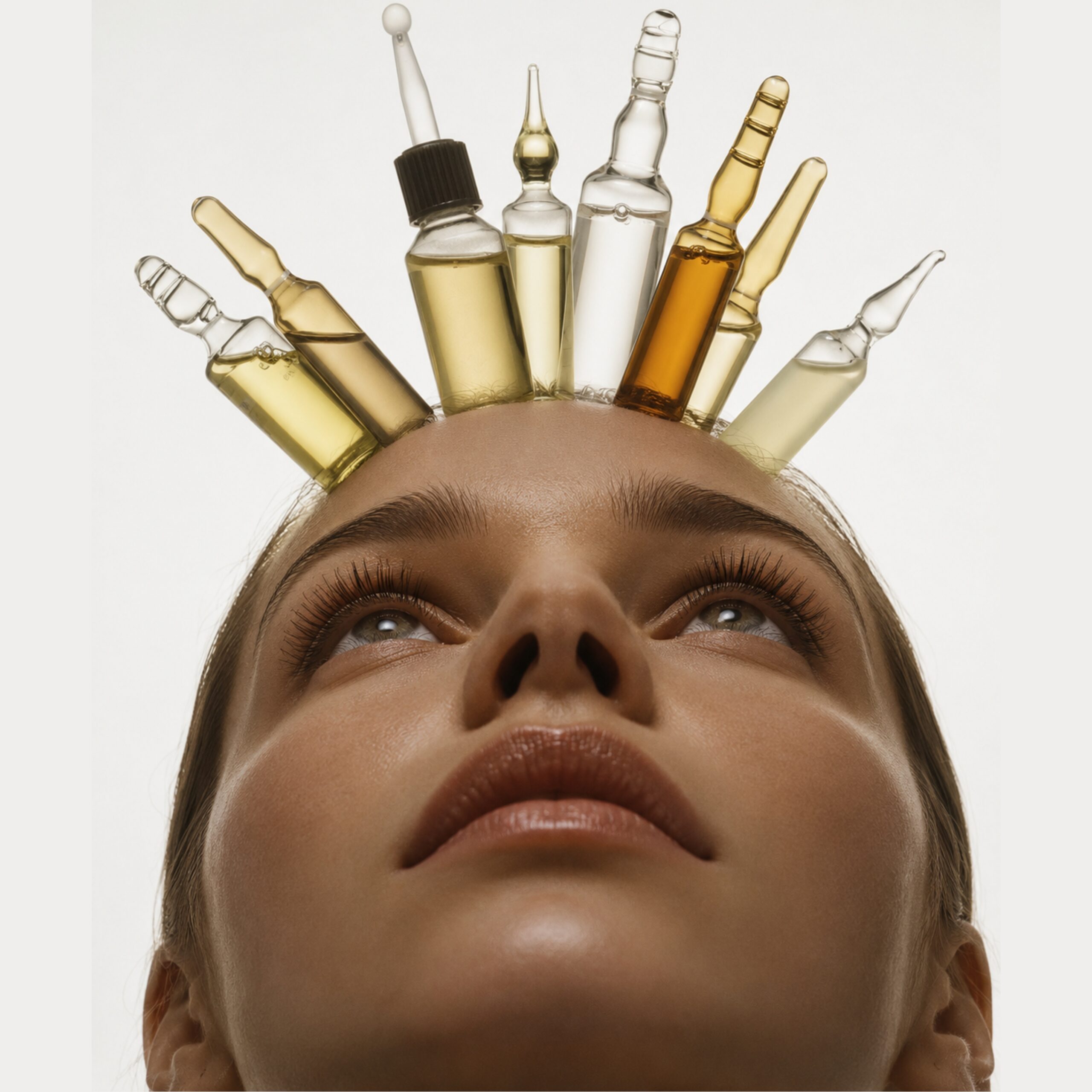 collage showing a head of an young woman with various ampules contained beauty ingredients forming a crown