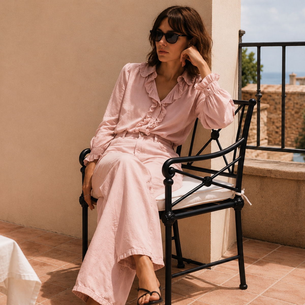 model sitting on a terrace wearing a pale pink jeans and pale pink shirt