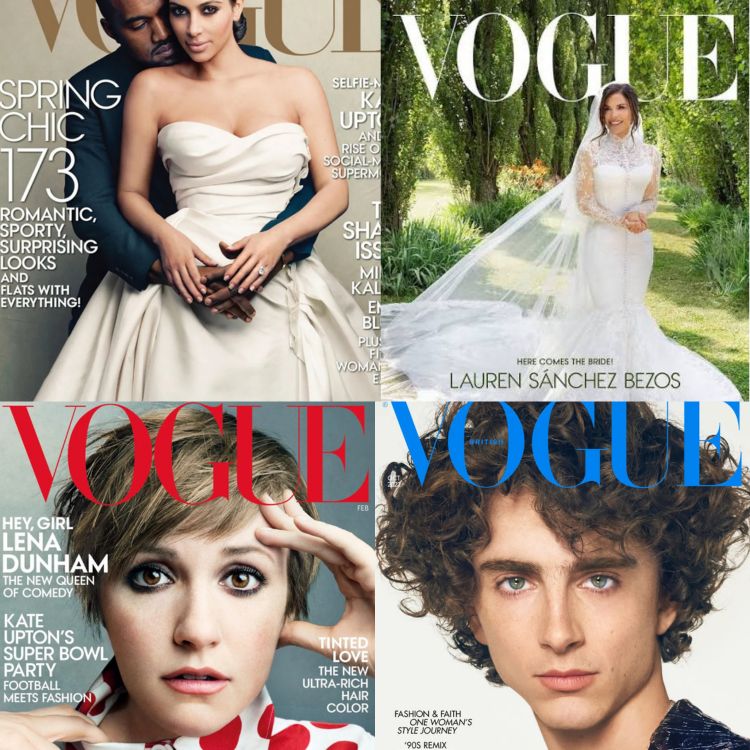collage with some Vogue Issues- kim kardashian, Laura Bezos, Thimothée Chalamet