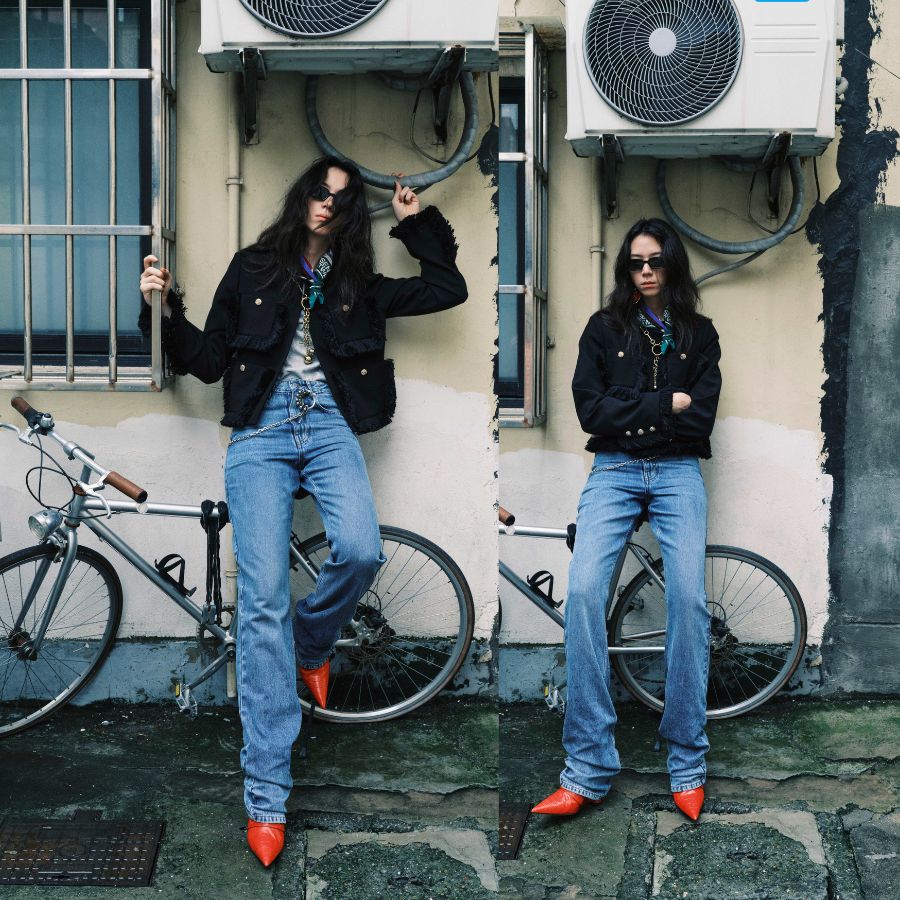 Collage with two photos of the same model in the streets of Shangai wearing Essential Antwerp Fall 26
