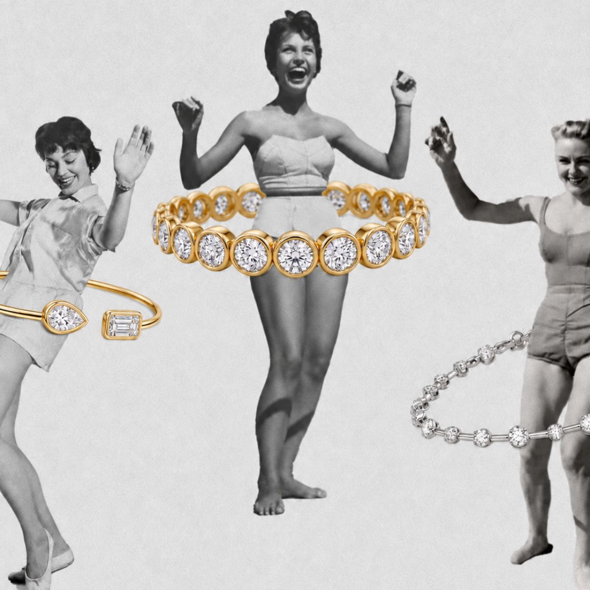 collage with a black white photo showing three girls in bikinis. Over them, rings and bracelets are positioned to look like hula hoops.